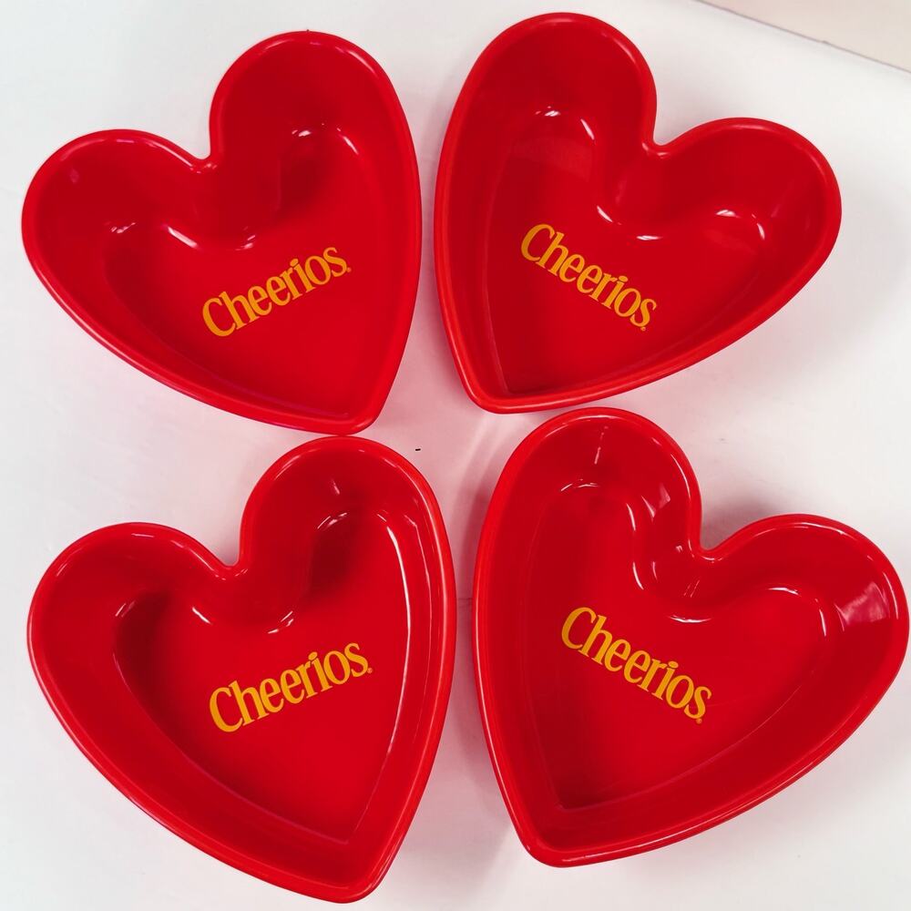 4 Vintage Cheerios Heart Cereal Bowls General Mills 2001 Red Plastic Retro